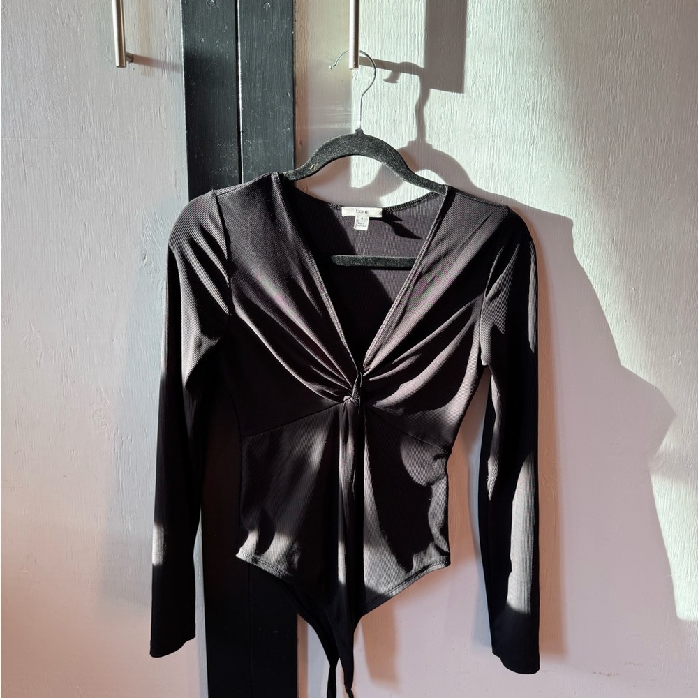 Bar III Black Long Sleeve Tie Front Bodysuit